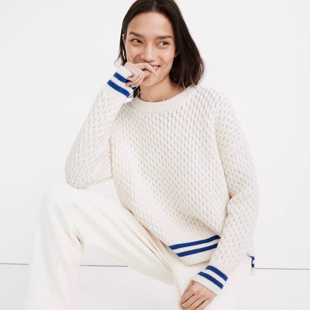 Madewell Cream and Blue Crew Neck Sweater